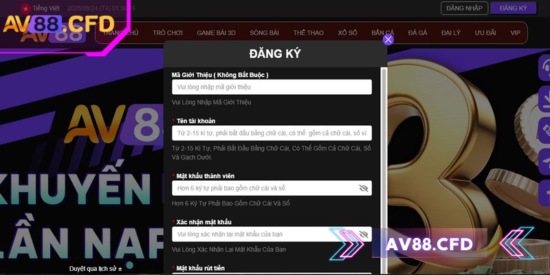 Đăng ký AV88 dễ dàng chỉ trong 1 phút