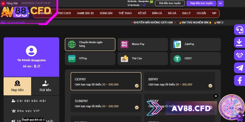 Nạp rút tiền AV88 bước quan trọng giúp bạn trải nghiệm trọn vẹn